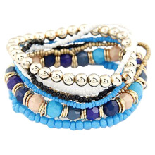 6 Sets/42Pcs Women Boho Bohemian Mix Style Multilayer Elastic Beaded Bracelets for Banquet Party,Blue