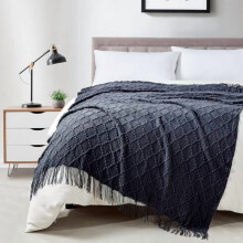 Navy Throw Blanket 50 x70 Inches Jacquard Argyle Throw Textured Solid Soft Throws and Blankets for Sofa or Bed Knitted Decorative Blanket