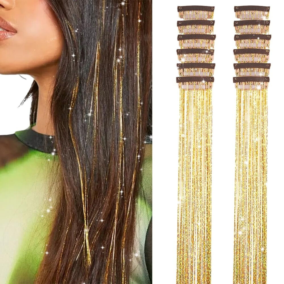 Unisex Golden Hair Tinsel Pack Of 12 Pcs, 20" Glitter Clip-In Extensions Â Festival, Fairy & Party Dazzle Hair Accessories Kit