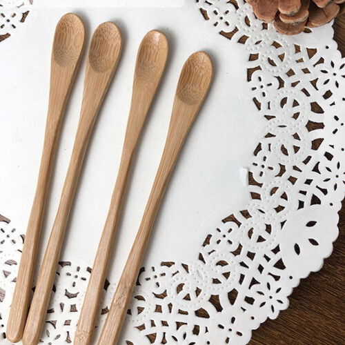 10 cucharas reutilizables de bambú para remover café, cucharas con mango largo.
