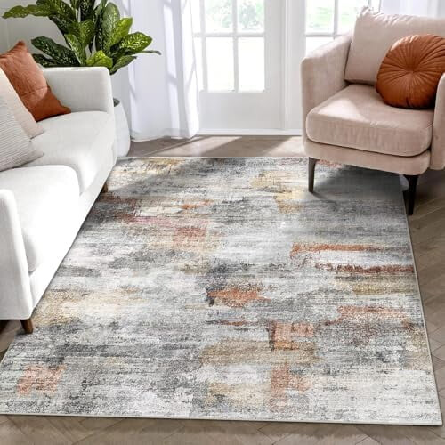 Washable area rug gray rust 3x5 ft modern fluffy non-slip