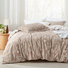 Queen Duvet Cover Set Reversible Light Taupe Floral 3-Piece