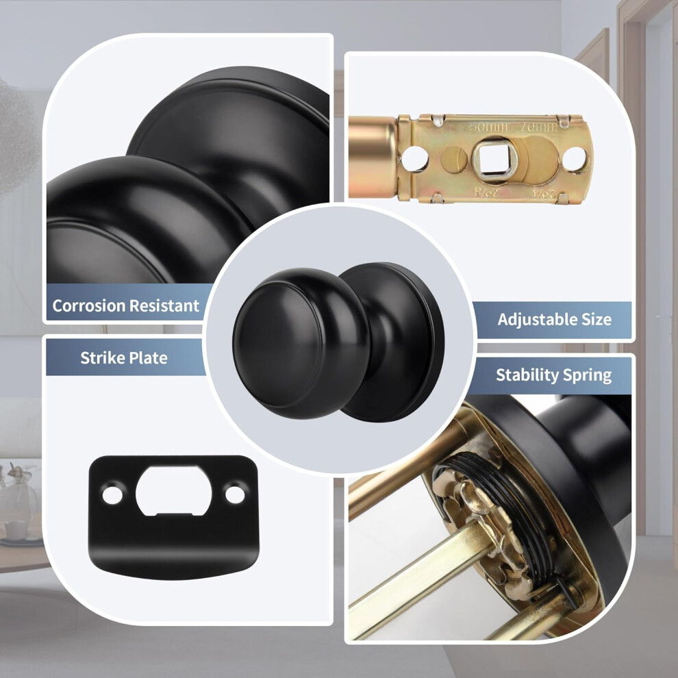 Passage Door Knob Without Lock Or Key, Non-Locking Interior Flat Ball Door Knob For Hallway Or Closet, Black 9175034863769