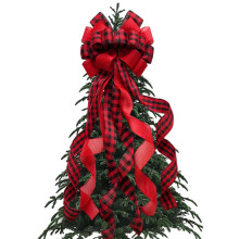 1 Pack Christmas Plaid Tree Topper, 44x13 in Red & Black Buffalo Check Bow – Festive Decor