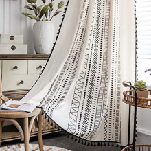 Boho Curtain 59"x84", Cotton-Linen Geometry Print, Rod Pocket, Semi-Blackout, Tassels, 1 Panel, Black – Compatible with Standard Rods