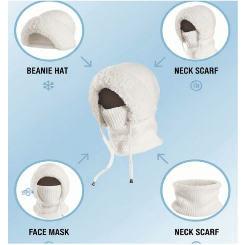 Conjunto feminino 3 em 1 de gorro, cachecol e máscara de tricô 1