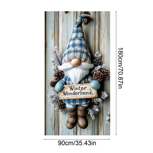 Χριστουγεννιάτικο κάλυμμα πόρτας Gnome 71x35", μπλε καπέλο banner, συμβατό με φόντο 2