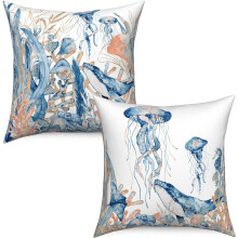 Ocean Theme Pillow Covers 20x20, Set of 2, Blue Coral/Aquatic Design, Jellyfish/Whale/Seahorse, Summer Outdoor Home Decor