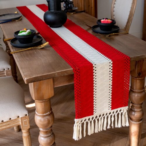 Chemin de table bohème en macramé, coton et lin, 33 x 183 cm 2