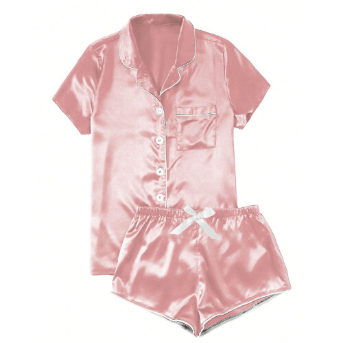 Dame Pyjamassæt Satin Casual Home Button Pyjamassæt Pink AS 1
