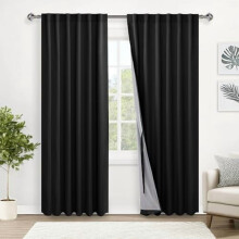 100% Blackout Curtains 84" w/ Tiebacks, Black Liner for Privacy & Energy Efficiency, Rod Pocket & Back Tab, Black, 52x84", Set of 2