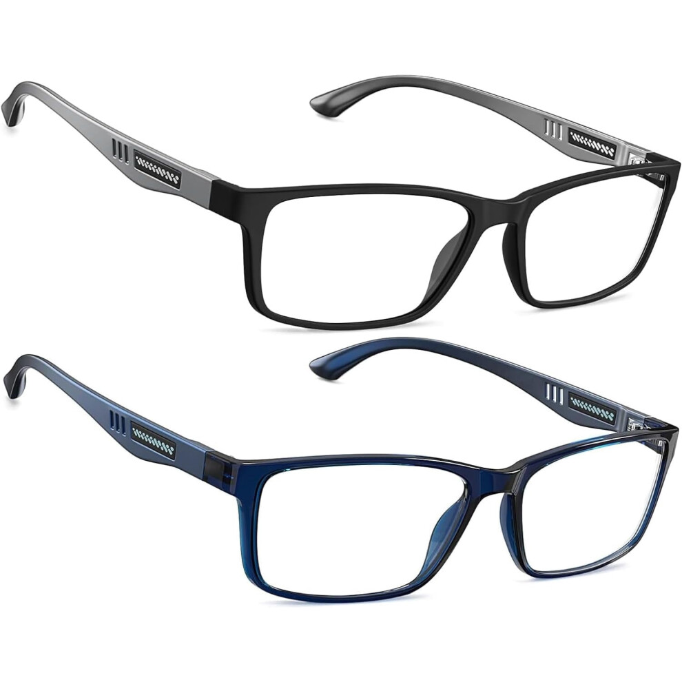 Blue/Light/Black 2 Pack Extremely Weight Tr90 Reading Glasses For Men Durable Rectangular Frame, Blocking Eyeglasses (Black+, +1.50)