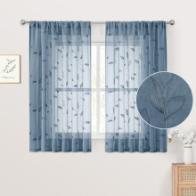 Stone Blue Sheer Kitchen Curtains 52x54", 2 Panels, Embroidered Leaf Pattern, Rod Pocket Tiers – Compatible with Standard Rods