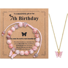 Natural Stone Beaded Bracelet Pink Butterfly Necklace 6-12 Years Old Birthday Gifts Christmas for Daughter Granddaughter Niece