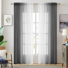 Black Ombre Faux Linen Sheer Curtains, Rod Pocket, 2-Tone Reversible Voile, Privacy & Light Filtering, Set of 2 (54x72 in)