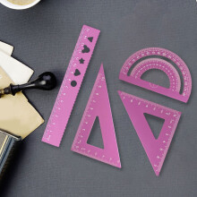 Durable Aluminum Alloy 4-Piece Geometry Set - Set Squares, Protractor, Stencil Ruler, Rounded Edges for Ki-ds, Purple Gift-Boxed for Sch-ool/Art/Math