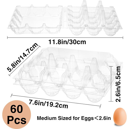 60 Pcs Clear Plastic Egg Cartons, 12-Count, 3x4 Grid, Reusable for Chicken Eggs – Compatible with Standard Egg Sizes 1