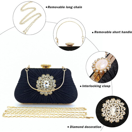 Pochette glitterata da donna, borsa da sera plissettata con 2