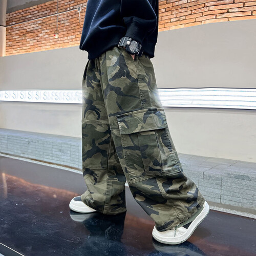Gutte Camo Cargo Bukser Grønne Elastisk Midje Løs Passform 15-16 1