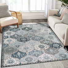 Moroccan Trellis Washable 3x5 Rug, Non-Slip Indoor Area Rug for Bedroom, Living Room, Kitchen, Entryway, Bathroom & Office – Blue