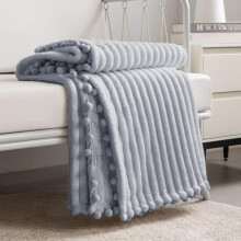 Fleece Blanket Twin 60x80", Grey – Soft, Plush, Warm, Cozy Throw for Couch/Bed with Pompom Fringe