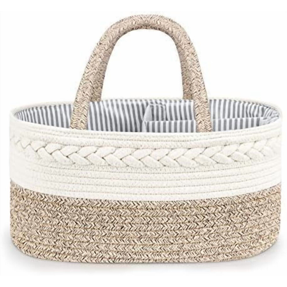 Baby Diaper Caddy Organizer, X-Large Cotton Rope, Rustic Style, Portable, 3 Compartments, A-Brown
