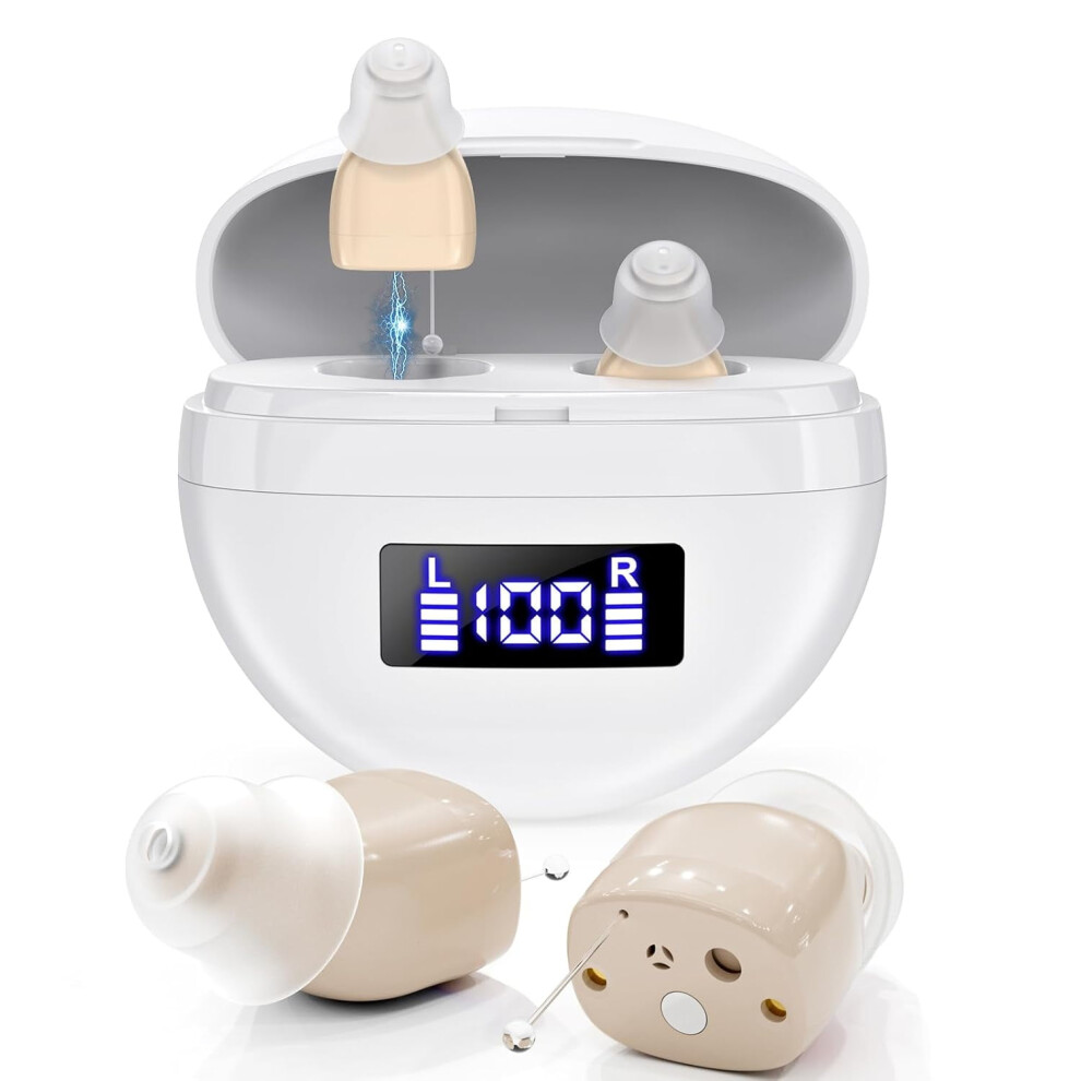 Digital Rechargeable Hearing Aids for Seniors, Noise Cancelling, CIC In-Ear with Display Charging Case, Compatible with XXX