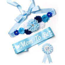 Baby Shower Maternity Sash Belly Belt, Mom to Be & Dad to Be Button Pin, Pregnancy Maternity Flower Sash Belt for Gender Reveal
