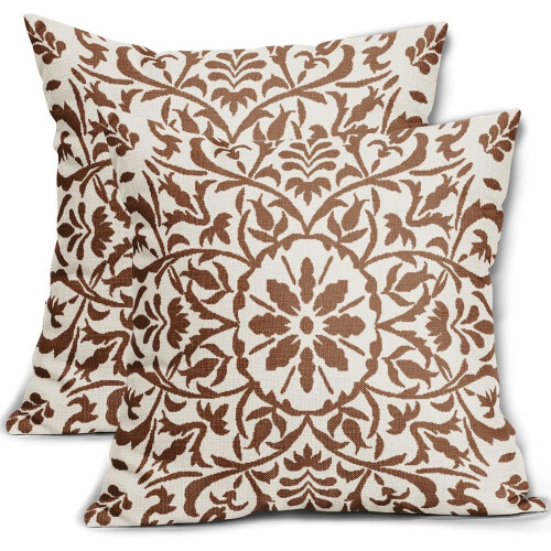 Καφέ μαξιλαροθήκες Boho 20x20", Vintage εκτύπωση λουλουδιών, λινά τετράγωνα μαξιλάρια,