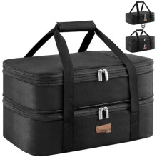 Suport izolat pentru caserolă dublă – Potrivit pentru vase de 23x33 cm, fermoar extensibil la mijloc, negru, compatibil cu potluck și picnic
