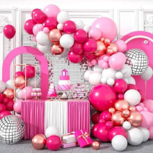 Kit d'arche de ballons roses avec ballons rose vif, or rose et blancs + boule disco – pour anniversaire de fille, fête de princesse, mariage, baby