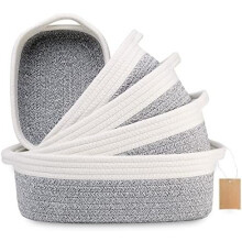 5-Pc Rectangular Storage Basket Set – Natural Cotton Rope, Compatible with Montessori, Nursery, Pet Toys, Bathroom Organization