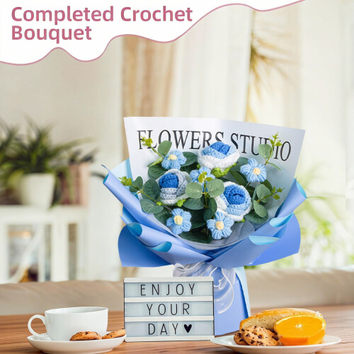 Hand-Knitted Blue Crochet Flower Bouquet 14" 1