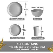 32-Pc Plastic Wheat Straw Dinnerware Set for 8, Unbreakable Outdoor Camping Dishes, Light Gray