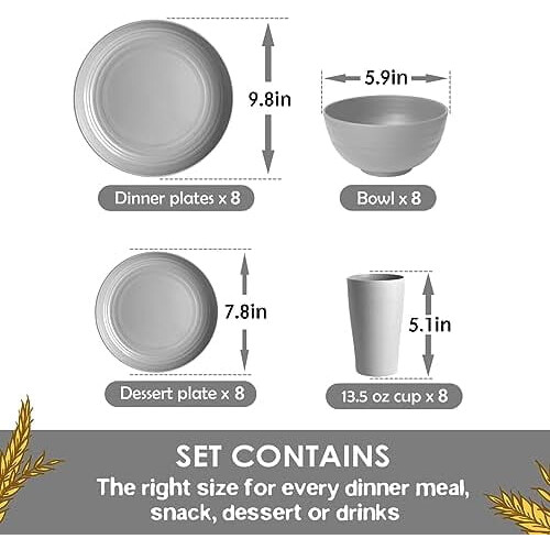 32-Pc Plastic Wheat Straw Dinnerware Set for 8, Unbreakable Outdoor Camping Dishes, Light Gray