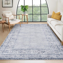 3x5 Washable Vintage Border Rug, Stain-Resistant, Small Throw Carpet with Rubber Backing for Living Room, Dining Room, Kitchen, Office, Blue.