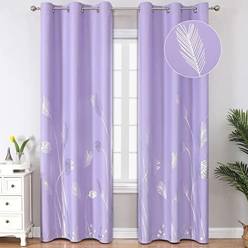 Lilac Blackout Curtains Silver Palm Pattern 42x84in 2 Panels