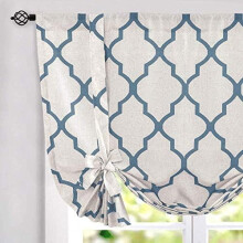 Moroccan Printed Tie-Up Curtains, Rod Pocket, Medallion Design, Flax Fabric, 45" Long, Blue on Beige, 1 Panel, Compatible with Standard Rods