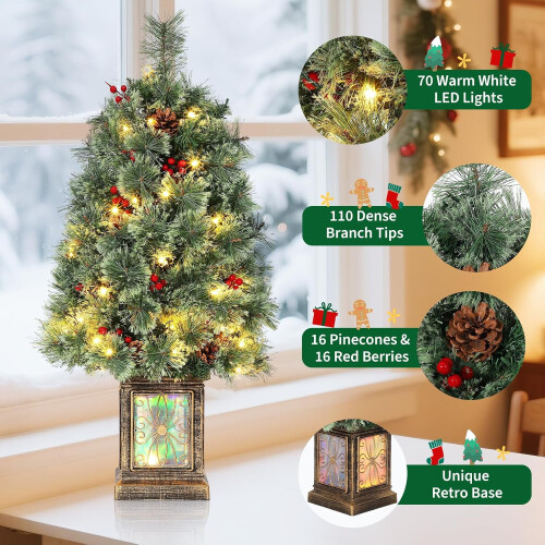 3ft Pre-Lit Mini Christmas Tree with 70 Warm LED Lights and 2