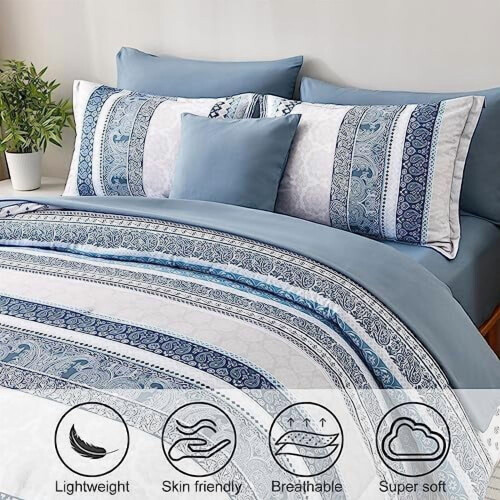 Boho Comforter Set Queen Light Blue 8-Piece Paisley Floral 2