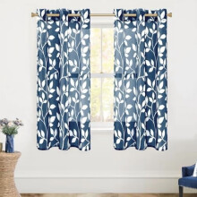 Navy Blue Sheer Grommet Curtains, 72" Long, Leaf Pattern, Semi-Privacy Light Filtering, 2 Panels – Compatible with Standard Rods