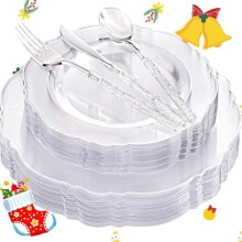 150PC Clear Silver Plastic Plates & Glitter Bamboo-Handle Cutlery – Baroque Disposable Set for Wedding, Easter, Mother's Day