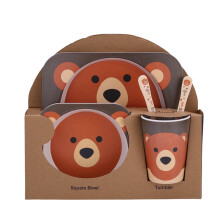 FACEGA 5Pcs Bamboo Kids Dinnerware Set,Easy to Use Food Plate,Encourages Independence Cartoon Tableware,Style7