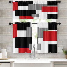Red & Black Grey Kitchen Curtains Set – 36" Modern Rod Pocket Tiers with Valance, Abstract Art Cafe Style for Bathroom & Kitchen