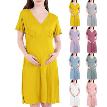 Women's Casual Dress with Padding for Maternity V Neck Soft Nightgown Ladies Summer Postpartum Clothes Blue M