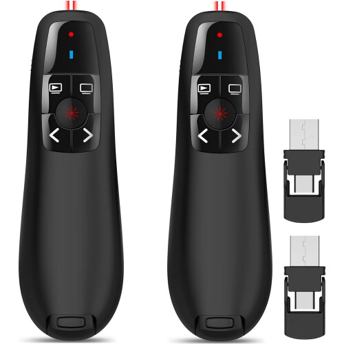 Wireless PowerPoint Remote Clicker w/ Red Pointer, 100ft Range, USB Plug & Play, Ergonomic, Compatible with PPT