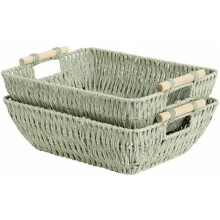 Extra Large Wicker Storage Basket for Organizing with Wooden Handles, Toilet Paper Baskets for Shelf, Bosana Green, 2-Pack