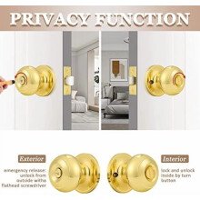 Privacy Door Knobs Lock Interior Bedroom Bathroom Door Handle Polished Brass Round Ball Keyless Lockset 3 Pack