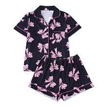 Women's bow print pajama set short sleeve black XL