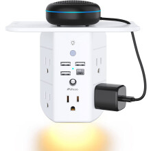3-Sided Multi Plug Power Strip, Wall Extender with Shelf, Night Light & Surge Protector, USB Charger 5 AC Wide Space Outlets and 3 1 C Port, White